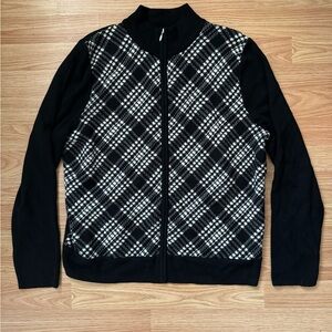 Pendleton 100% Merino Wool Zip Cardigan Sweater White Black Plaid dark academia